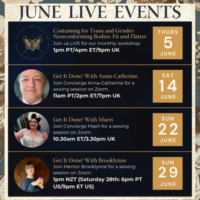 Welcome to June! We've got some exciting member events lined up this month, including our Academy-level live workshop coming this week! Join us on Thursday 5th of June, for "Costuming for Trans and Gender-Nonconforming Bodies: Fit and Flatter".

Hosted by Brooklynne and Tilda, in June’s workshop, we are going to cover how to achieve a great fit for Trans and Gender-Nonconforming costumers. We'll be looking at tricky measurements, how to pad out your mannequins, and manipulating pattern drafts. We will include some information for people who are at the beginning of their medical transition as well, and if you can't make it live, the workshop will be added to the archive for all members!

Plus, don't forget to come along for our weekly sewing socials with the team!

Learn more and become a member at the link in the bio - see you there!
.
.
.
#sewing #learntosew #historicalcostuming #fashionhistory #sew #sewingtutorial #dresshistory #corset #corsetiere #costumer